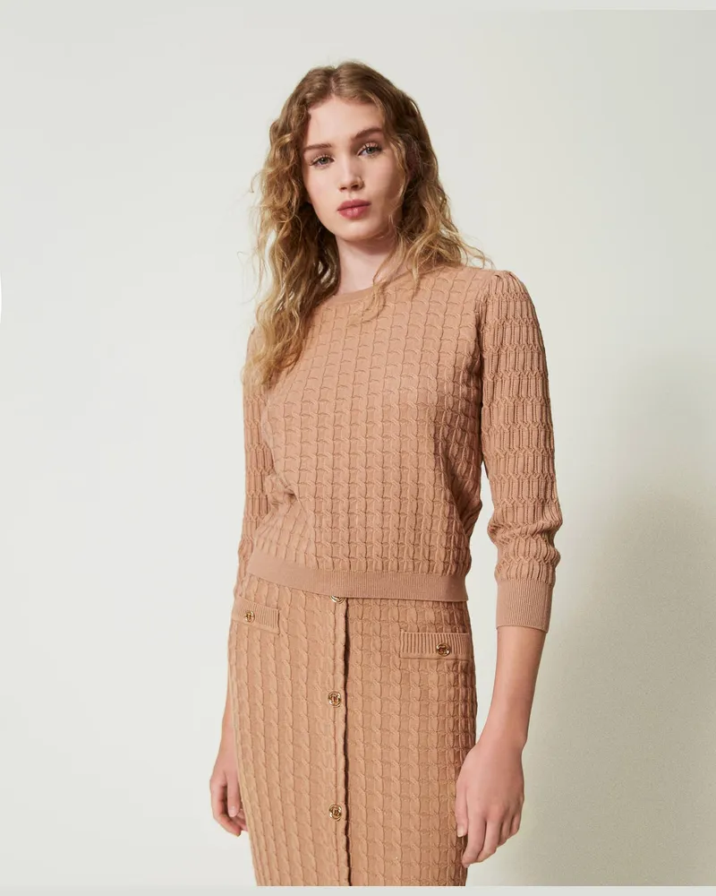 Twin-Set Pullover mit Strickmustermix, „Sandy Brown", Größe: XXL 