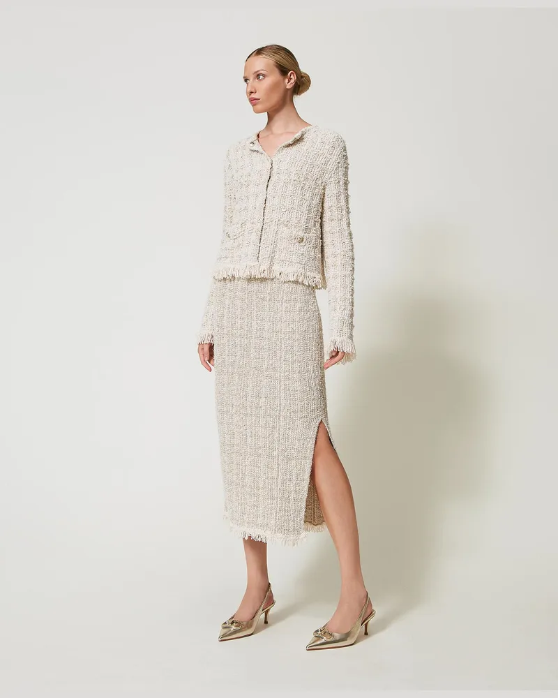 Twin-Set Röcke - Rock aus Jacquard-Strick mit Lurex, Lurex Gold-Jacquard, weiß, Größe: XS 