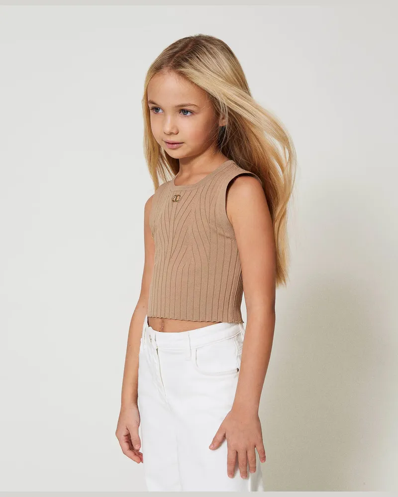 Twin-Set Tops - Geripptes Stricktop mit Oval T, Beige Hanf, Größe: 8A 