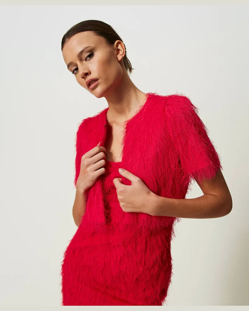 Twin-Set Cardigans - Schulterwärmer mit Fäden in Federoptik, „Bright Rose"-Rosa, Größe: 48 