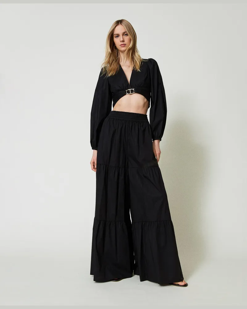 Twin-Set Hosen - Wide-Leg-Hose aus Popeline, Schwarz, Baumwolle, Größe Schwarz