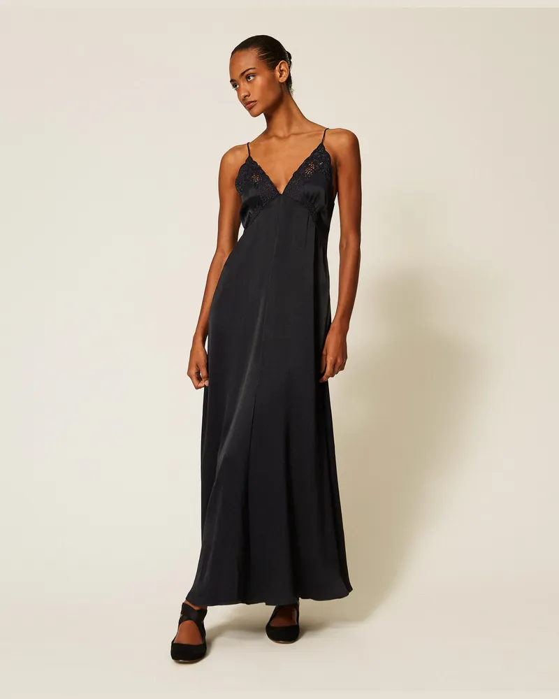 Twin-Set Langes Kleid aus Envers-Satin mit Stickerei, Damen, Schwarz Schwarz