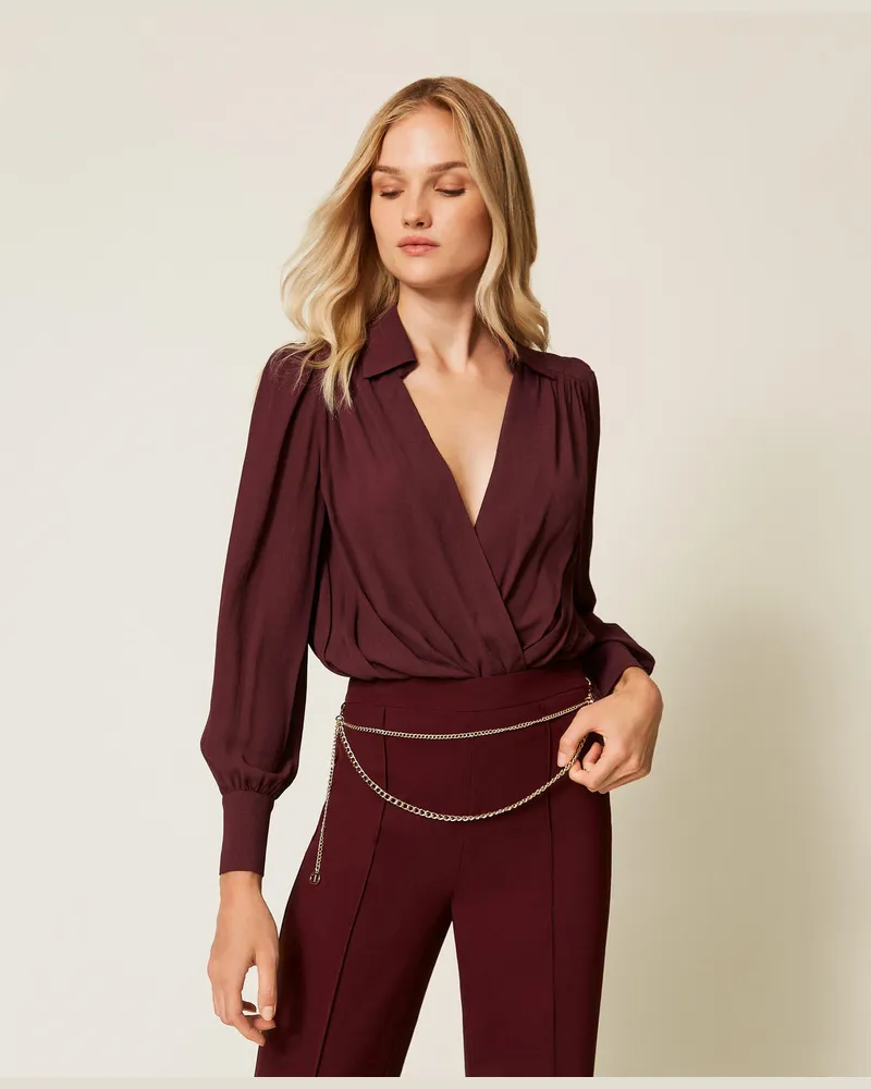 Twin-Set Blusen - Body aus Crêpe de Chine mit Raffungen, „Winetasting"-Violett, Größe „winetasting“-violett