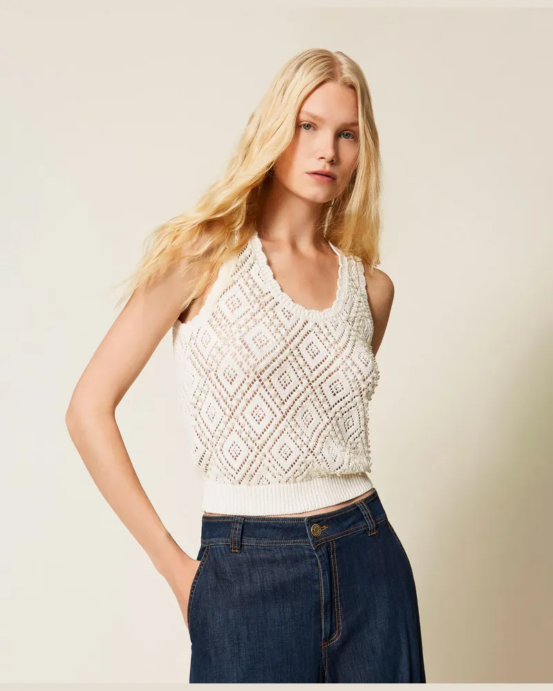 Twin-Set Tops - Stricktop mit Rauten und Perlen, Perlmutt, Mit Perlen, Größe Perlmutt