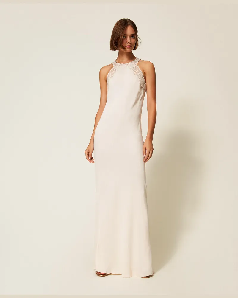 Twin-Set Kleider - Langes Neckholder-Kleid aus Satin mit Stickerei, Light Natural, Größe Light
