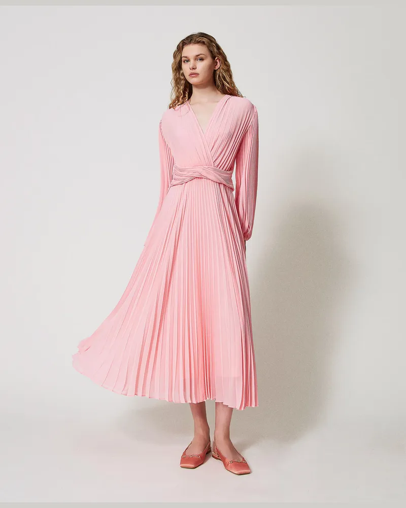 Twin-Set Kleider - Maxikleid aus plissiertem Georgette, Peach, Plissee, Größe Peach