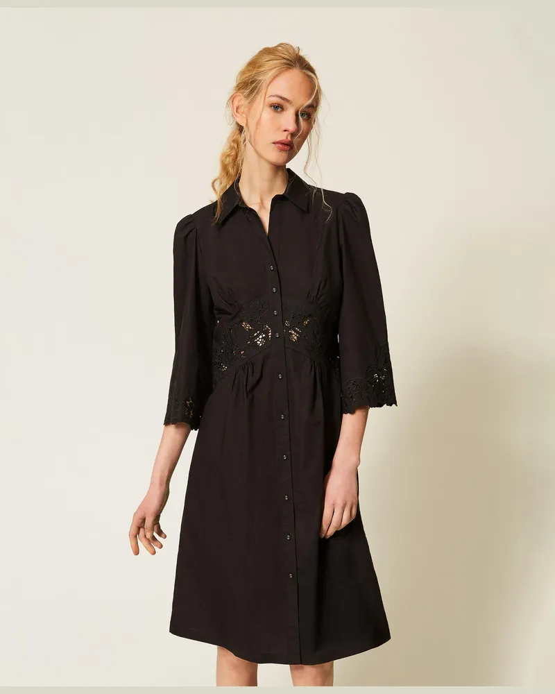 Twin-Set Kleider - Midikleid aus Popeline mit Lochstickerei, Schwarz, Baumwolle, Größe Schwarz