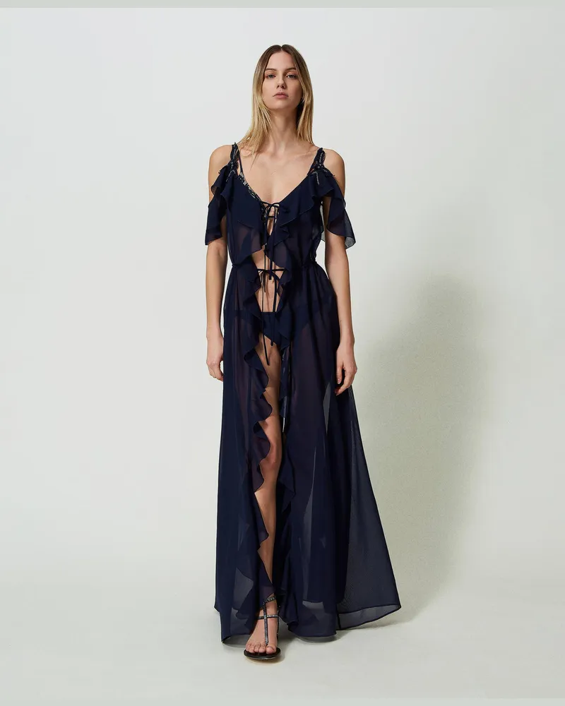 Twin-Set Bademode - Langer Kaftan aus Georgette, Blackout Blau, Größe: S 