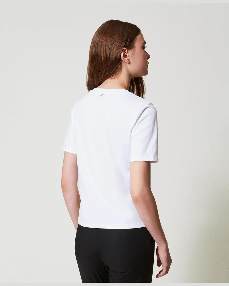 Actitude by Twinset T-Shirts - T-Shirt im Regular-Fit mit Strass und Blume, "Papers"-Weiß, Größe Papers-weiß