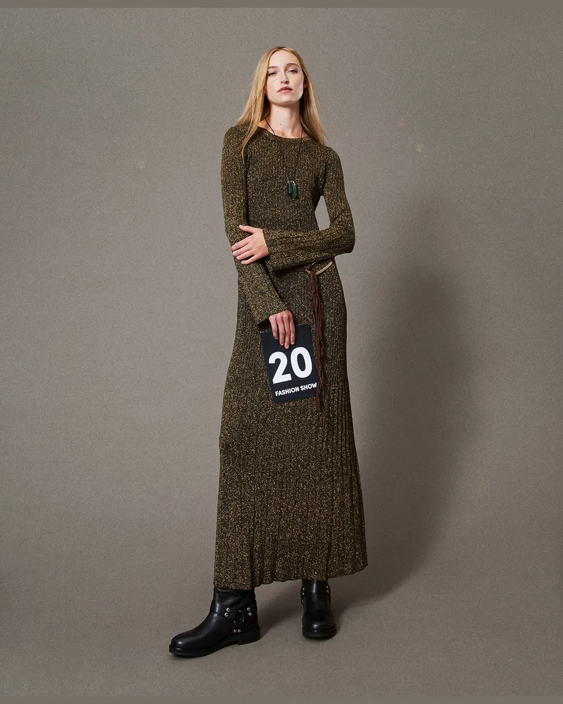 Twin-Set Kleider - Maxi-Strickkleid mit Rippenmuster und „Oval T"-Gürtel, Zweifarbig Schwarz / Dunkles Gold, Größe Zweifarbig