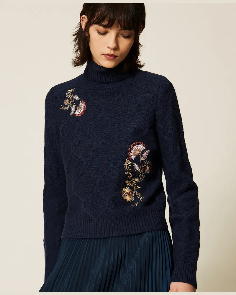 Twin-Set Rollkragenpullover aus Wolle mit floralem Stickmotiv, Damen, Blue Paint Blue