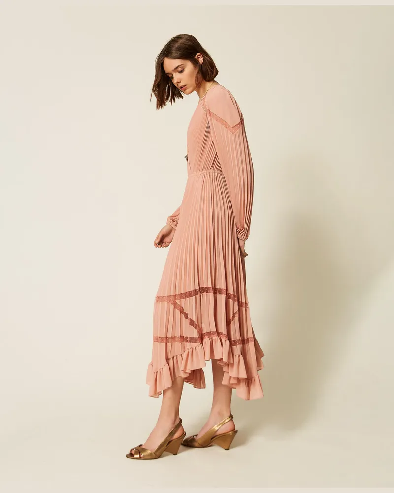 Twin-Set Maxikleid aus plissiertem Georgette Puderrosa