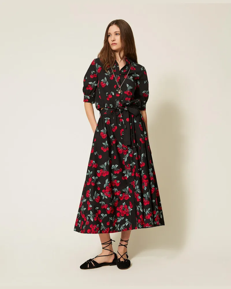 Twin-Set Röcke - Langer Rock aus Popeline mit Kirschen-Print, Cherries Degradè Black/Red, Baumwolle, Größe Cherries
