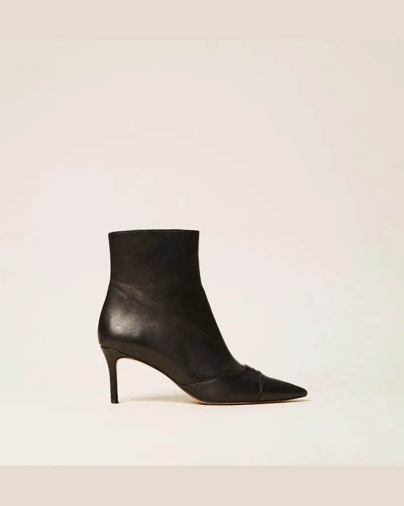 Twin-Set Stiefelette aus Leder mit Logo, Damen, Schwarz Schwarz
