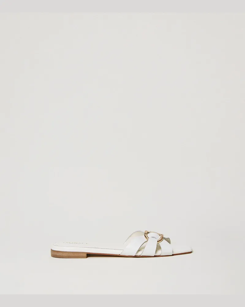 Twin-Set Schuhe - Slide-Pantolette aus Leder mit Oval T, Weiß, Größe Weiß