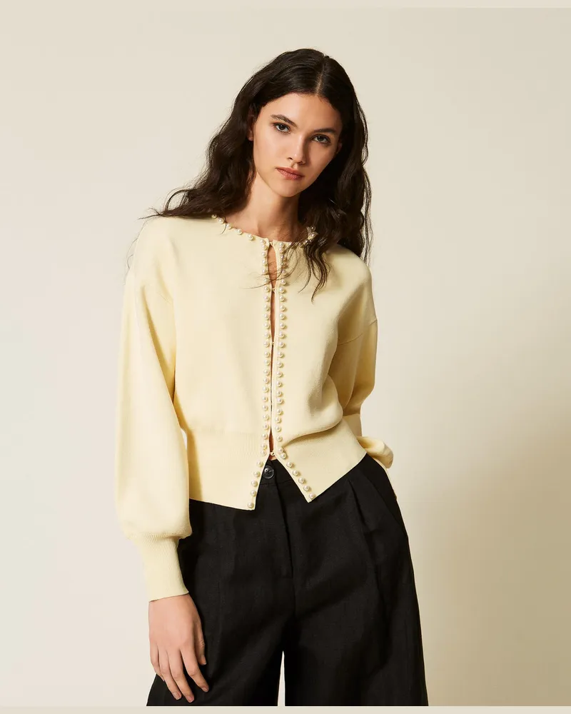 Twin-Set Cardigans - Cardigan mit Perlenstickerei, „Double Cream"-Gelb, Größe „double