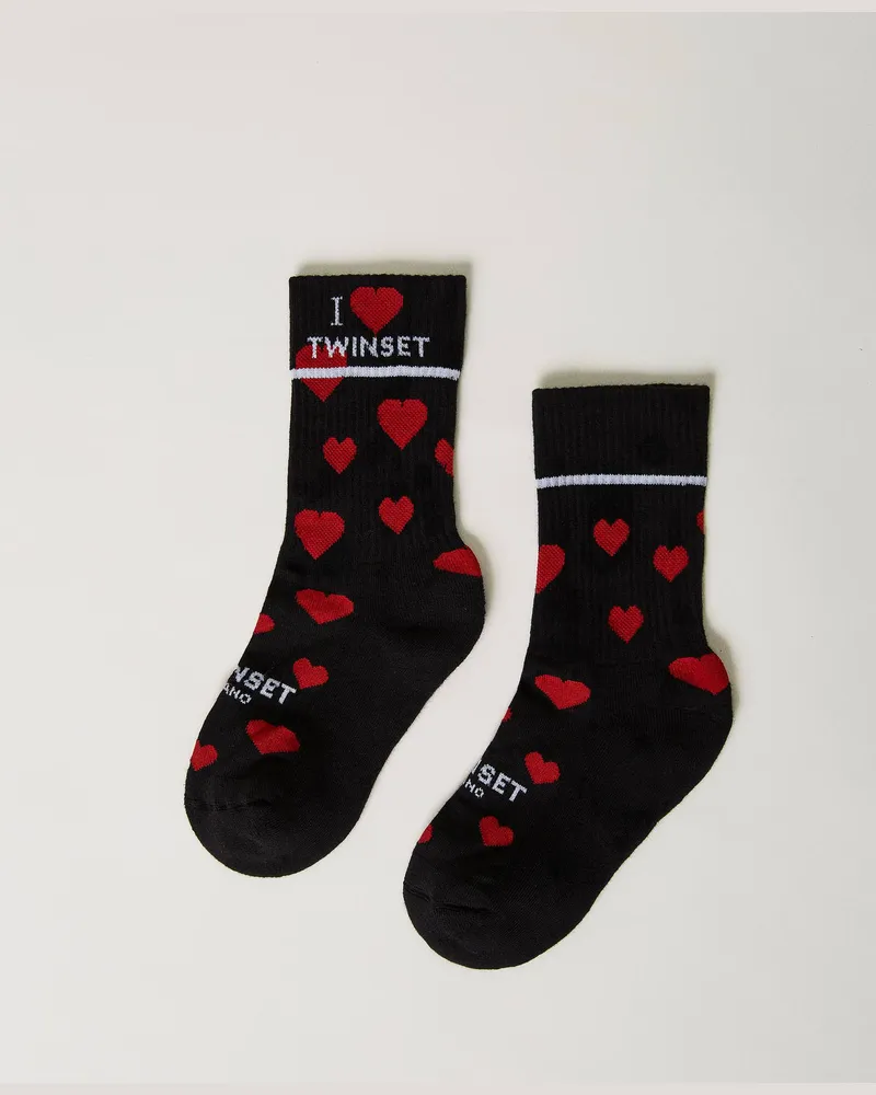 Twin-Set Accessoires - Socken aus Jacquard mit Herzen, Schwarz, Einheitsgröße Schwarz