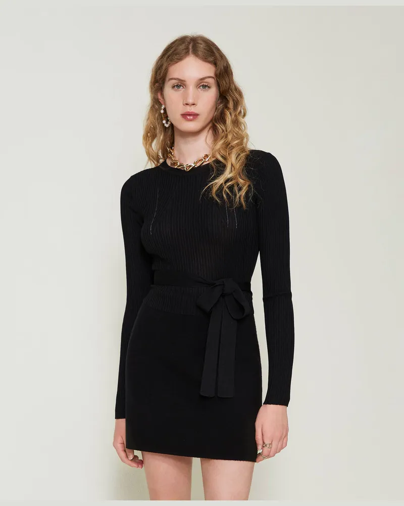 Twin-Set Gerippter Pullover mit Schleife, Schwarz, Größe: XXL 
