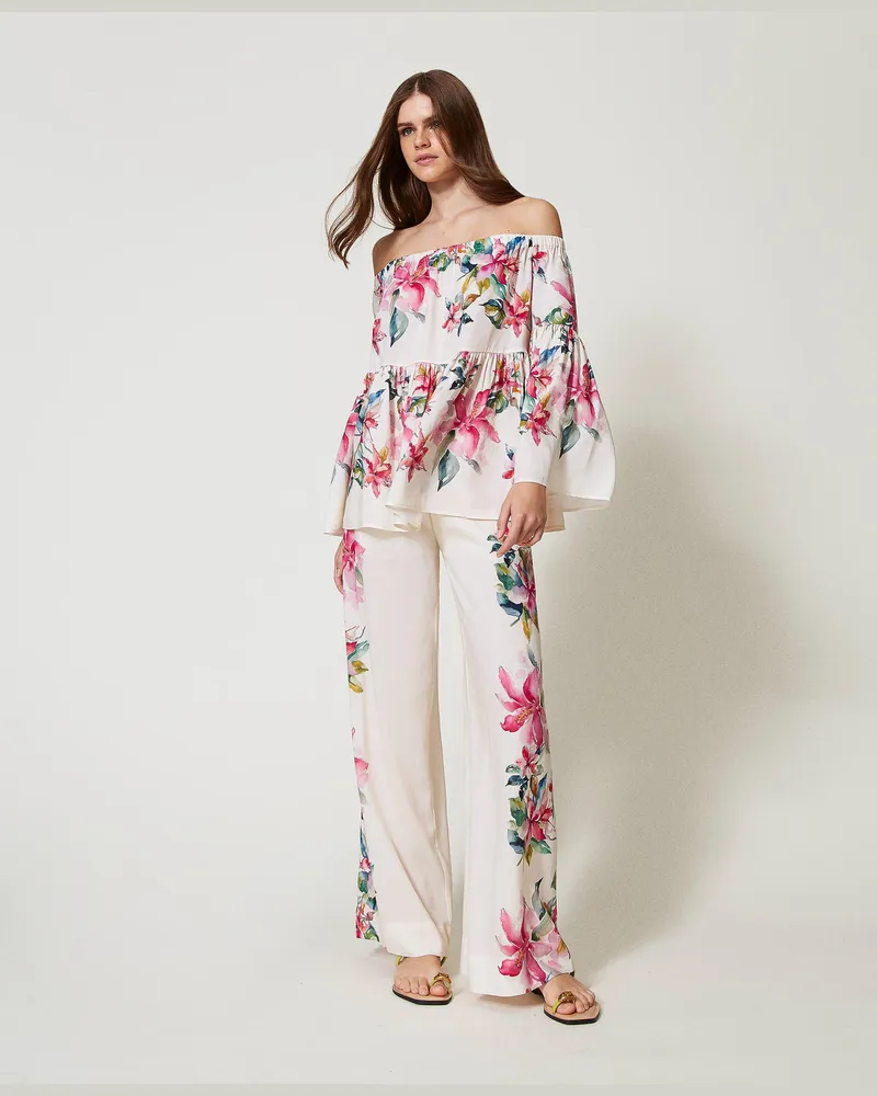 Twin-Set Bademode - Hose aus Leinenmischung mit Blumenprint, Blumenprint Perlmutt / Multicolor, gestreift, Größe: S 