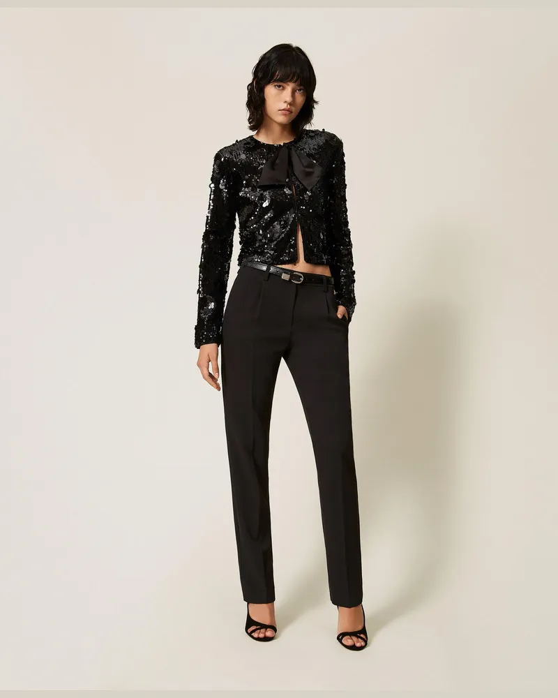 Twin-Set Crêpe-Hose mit Taschen, Damen, Schwarz Schwarz