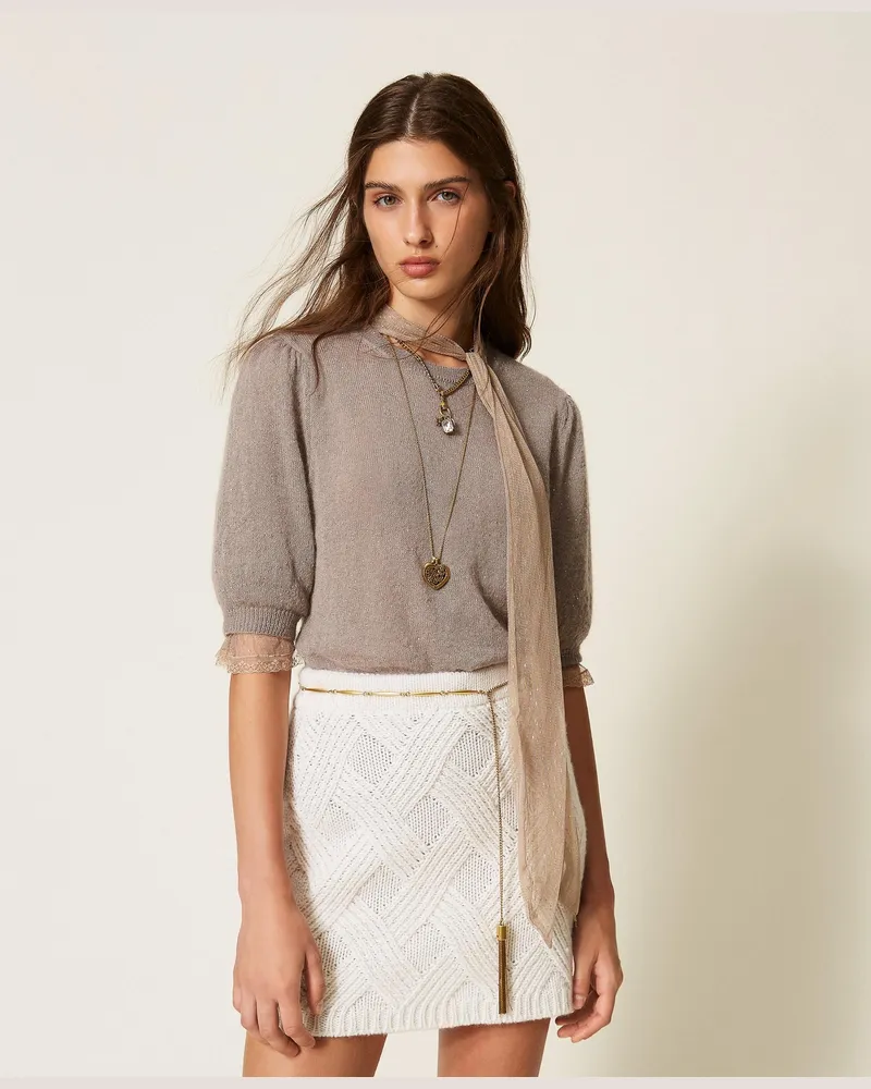 Twin-Set Kurzarm-Pullover mit Pailletten, Damen, Kitt Kitt