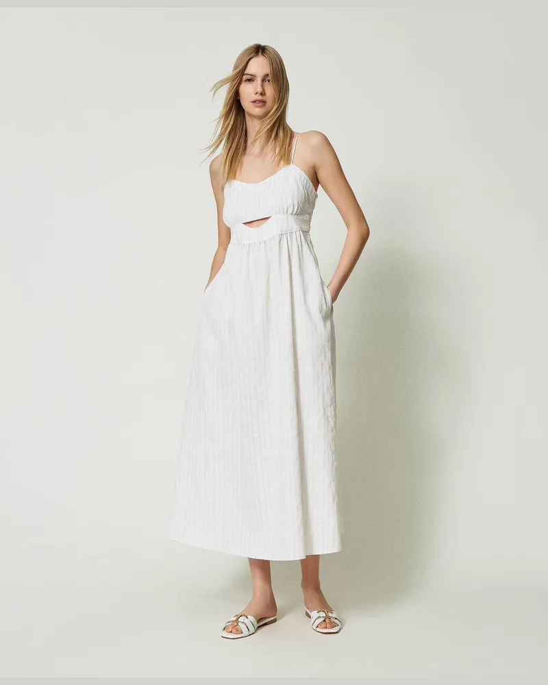 Twin-Set Kleider - Midikleid aus Leinenmischung mit Lurexstreifen, Nadelstreifen Weiß Streifen Silber, Gestreift, Größe Nadelstreifen