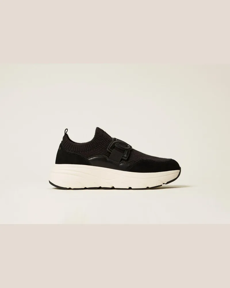 Twin-Set Schuhe - Sneaker aus Stoff im Laufschuhstil mit Oval T, Schwarz, Größe Schwarz