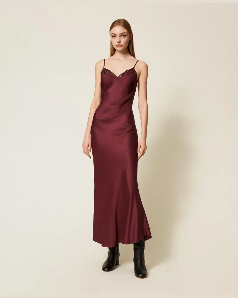 Twin-Set Kleider - Maxikleid aus Satin mit Spitze, "Winetasting"-Violett, Größe Winetasting-violett