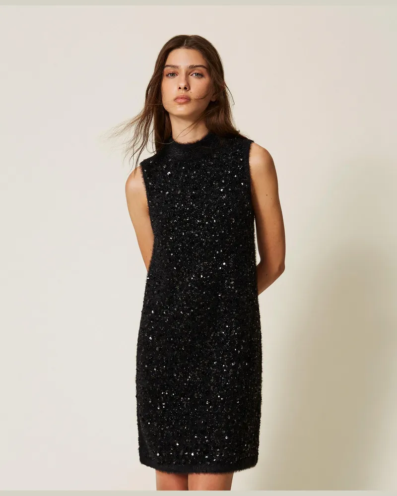 Twin-Set Kurzes Strickkleid mit Stehkragen und Stickerei, Damen, Schwarz Schwarz
