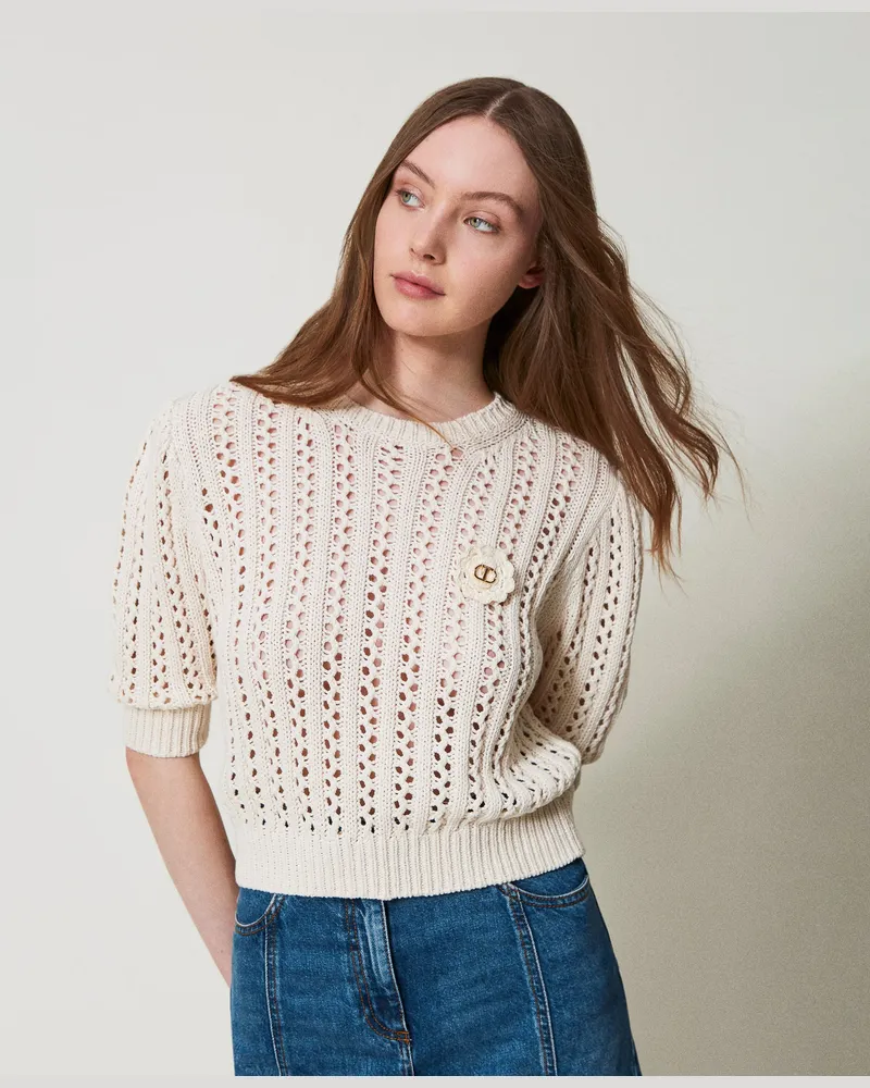 Twin-Set Pullover mit Häkelbrosche, Dunkles Perlmutt, Baumwolle, Größe: XXL 