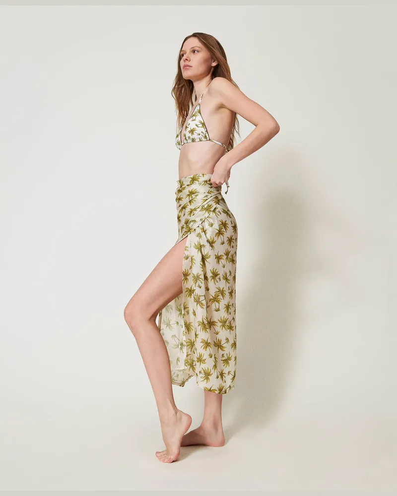 Twin-Set Bademode - Pareo mit Lurex und Print, Palmenprint Perlmutt / Olive Leaf, Mit Blumen, Einheitsgröße 