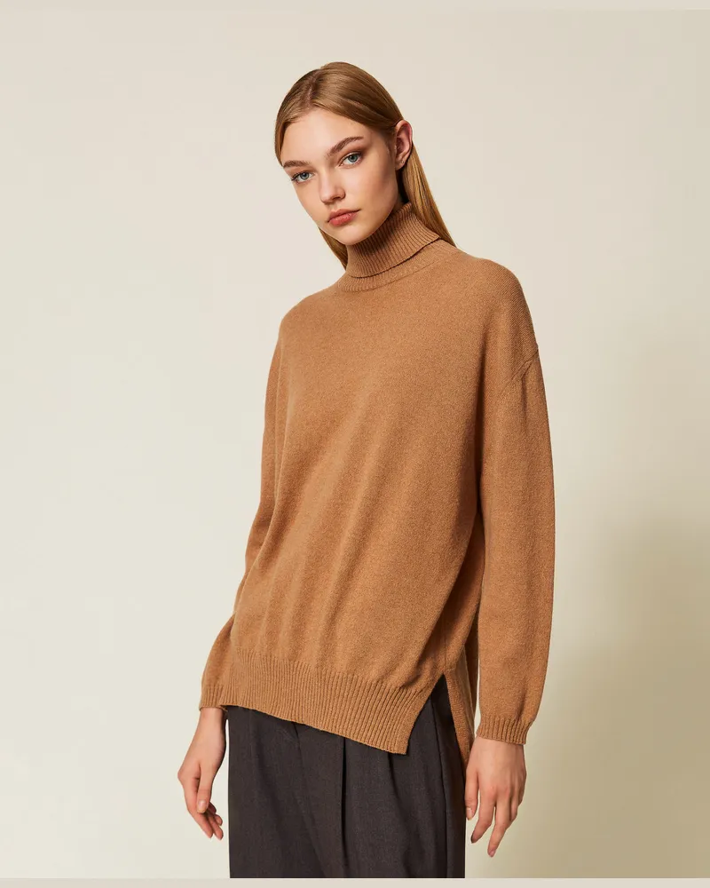 Twin-Set Rollkragenpullover aus Kaschmir, Helles Alpakabraun, Größe Helles