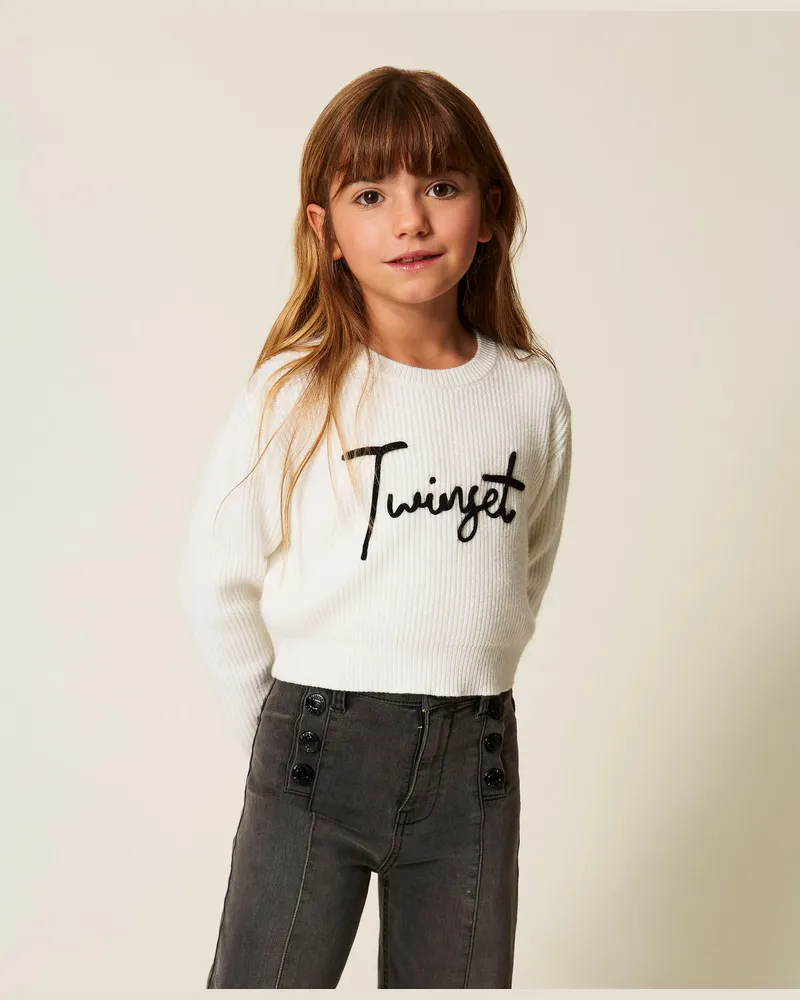 Twin-Set Mädchenpullover mit Sticklogo, Mattweiß, Größe Mattweiß