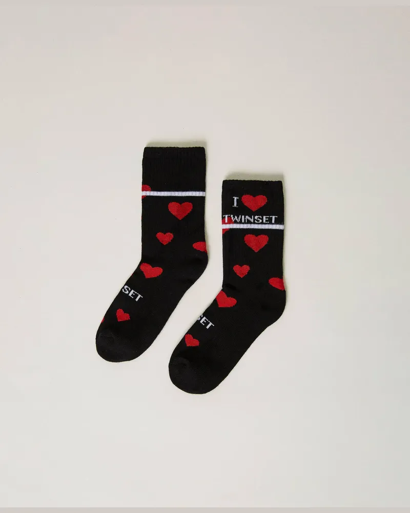 Twin-Set Accessoires - Hohe Strümpfe mit Jacquardherzen, Schwarz, Mit Herzen, Größe Schwarz