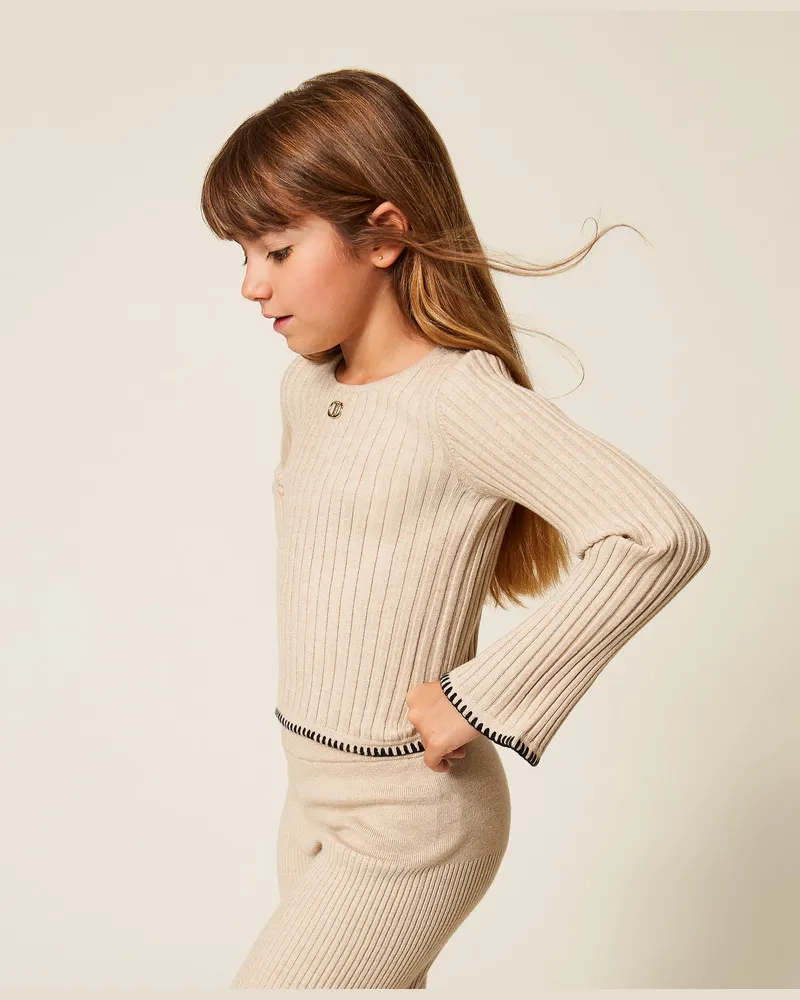 Twin-Set Gerippter Mädchenpullover mit Stickerei, „Biscuit"-Beige, Größe: 6A 