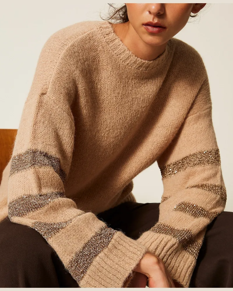 Twin-Set Pullover aus Alpakamischung mit Streifen-Dessin, Damen, Sandy Brown / Hanfbeige - Gold Sandy