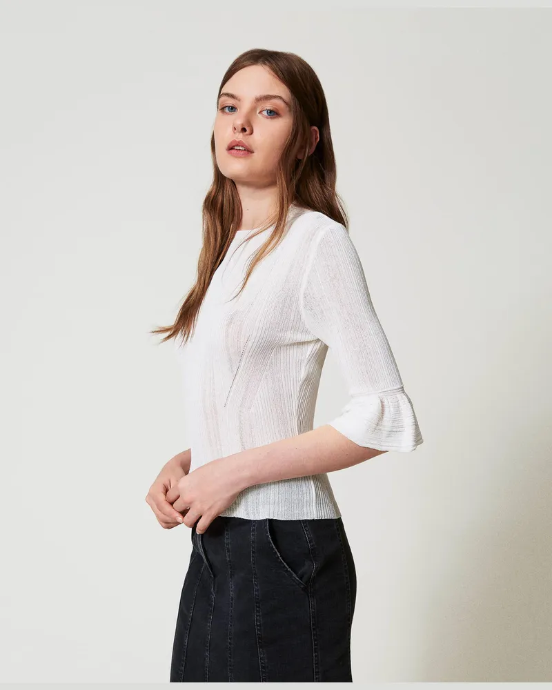 Actitude by Twinset Figurbetonter Pullover mit Rippenmuster und Volants, Sugar Weiß, Größe Sugar