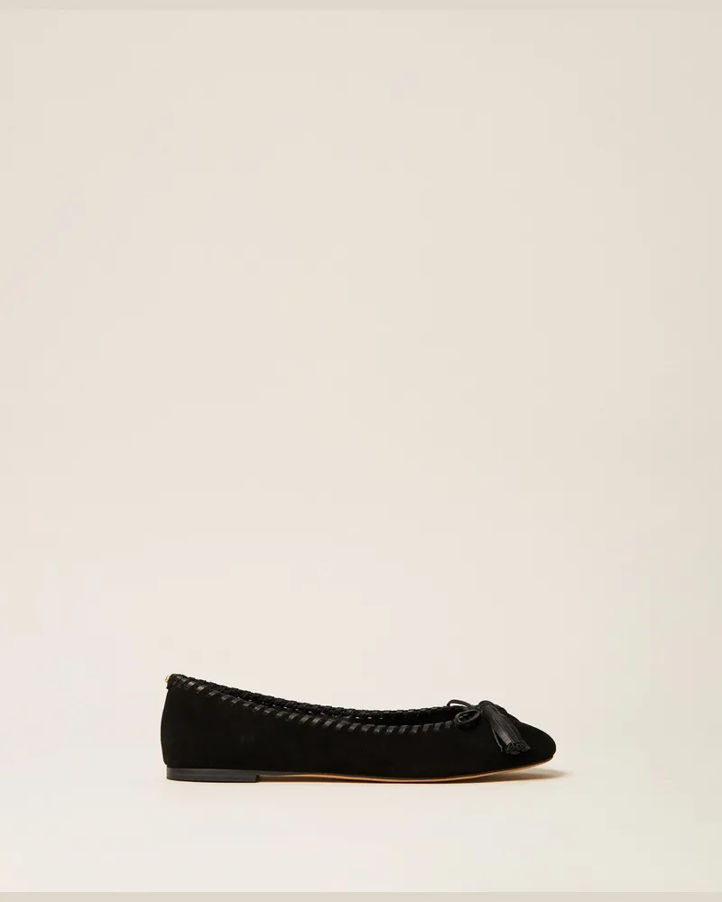 Twin-Set Ballerina aus Veloursleder mit Schleife, Damen, Schwarz Schwarz