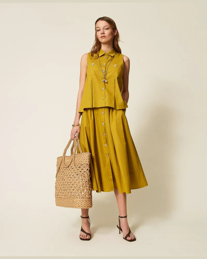 Twin-Set Röcke - Langer Rock aus Popeline mit Knöpfen, "Avocado Oil"-Grün, Baumwolle, Größe Avocado