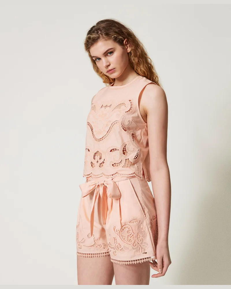 Twin-Set Hosen - Bestickte Shorts mit Ajourstickereien, „Sahara Rose"-Rosa, Baumwolle, Größe „sahara