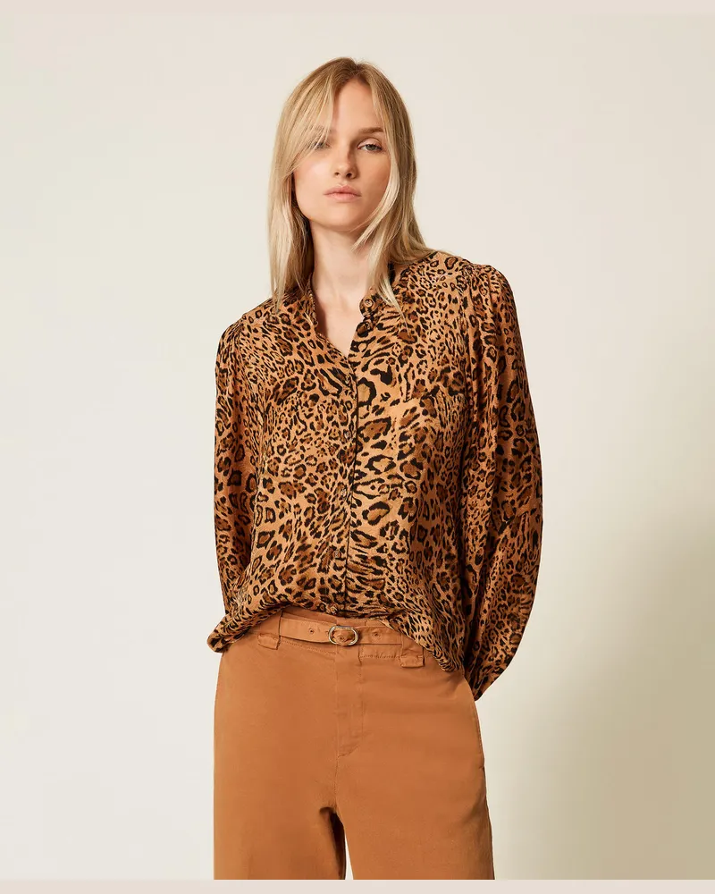 Twin-Set Hemden - Jacquardhemd mit Animalprint, Animalprint Coffee / „Land"-Braun, Größe Animalprint