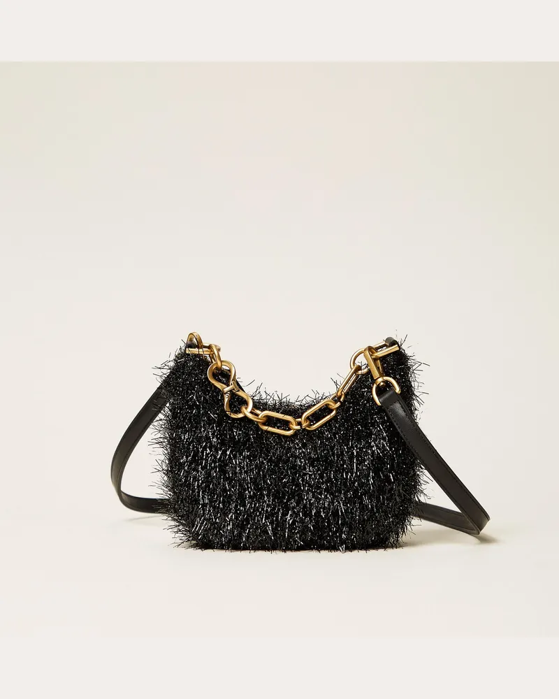 Twin-Set Mini Croissant Tasche mit Lurex und Kette, Damen, Schwarz Schwarz