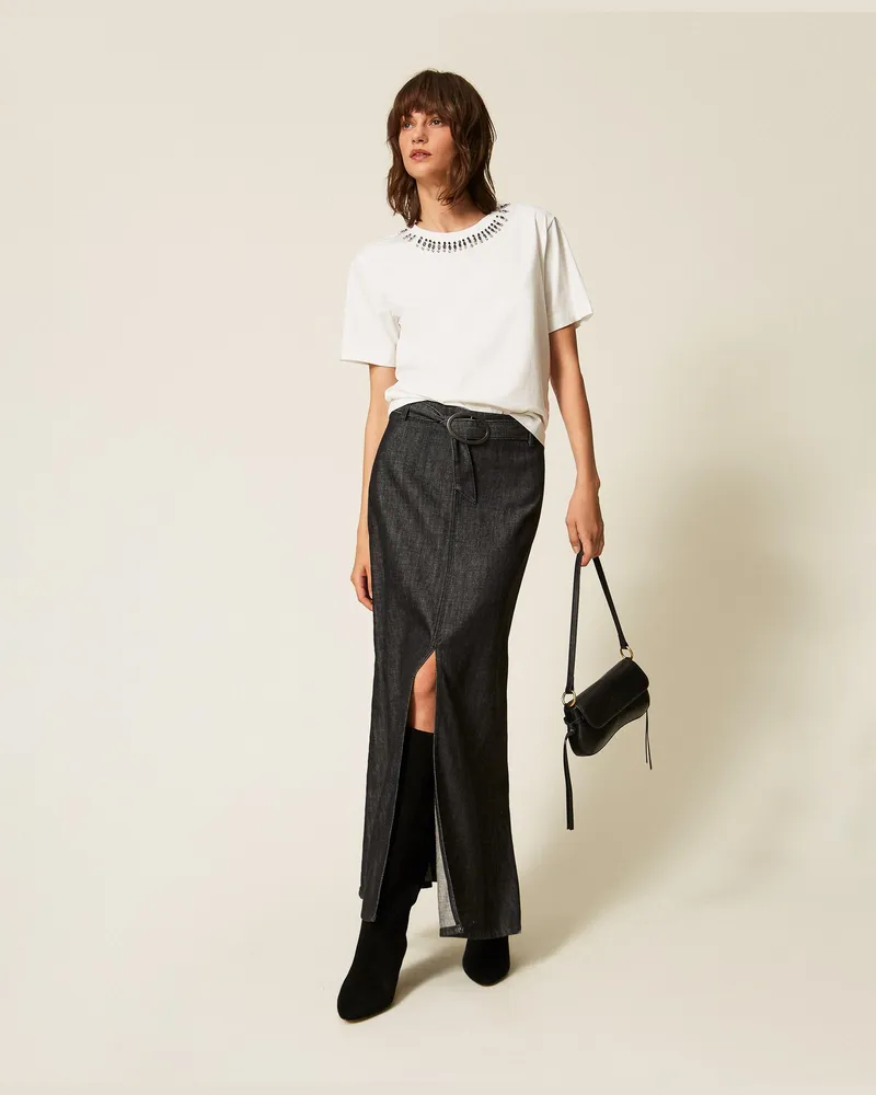 Twin-Set Eng geschnittenes T-Shirt mit Stickmotiv, Damen, Mattweiß Mattweiß