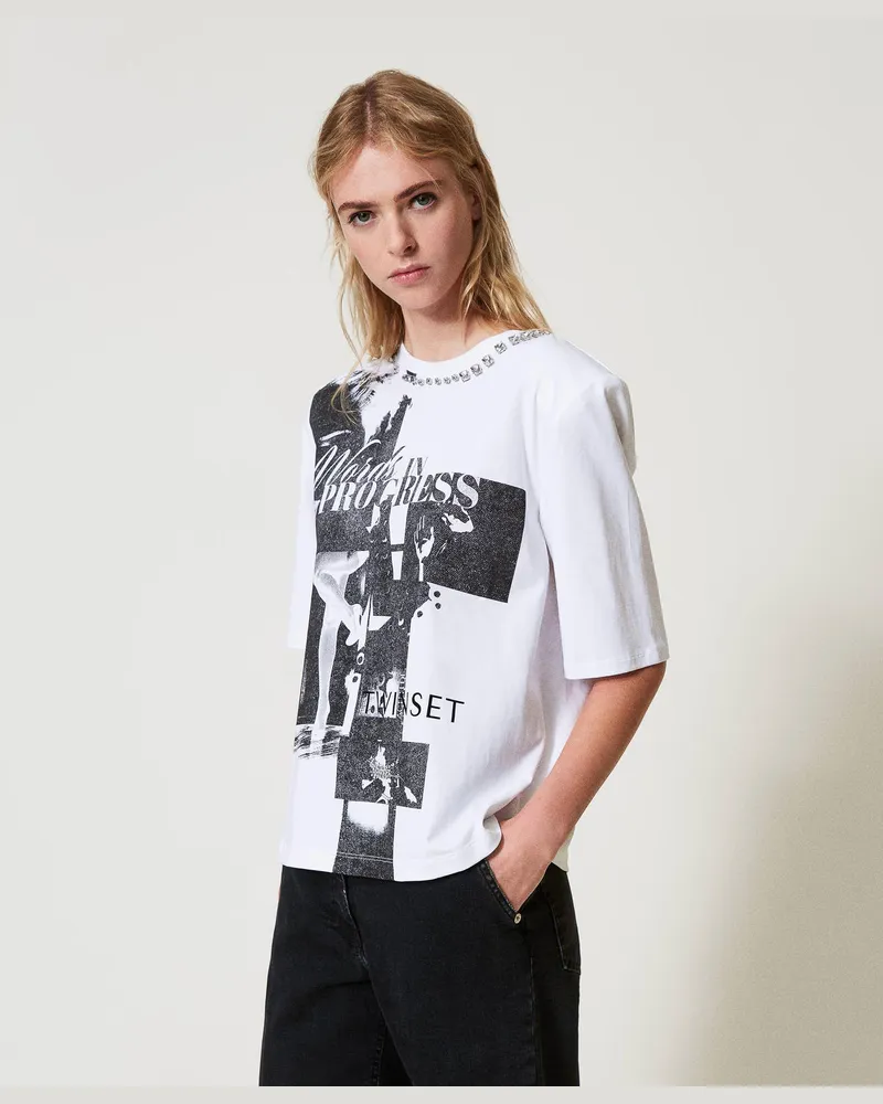 Actitude by Twinset T-Shirts - T-Shirt mit Print und Handstickerei, "Papers"-Weiß, Baumwolle, Größe Papers-weiß