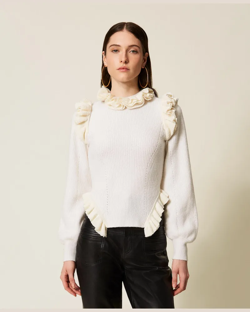 Twin-Set Pullover aus Wollmischung mit Volant, Weiß Schnee, Wolle, Größe Weiß