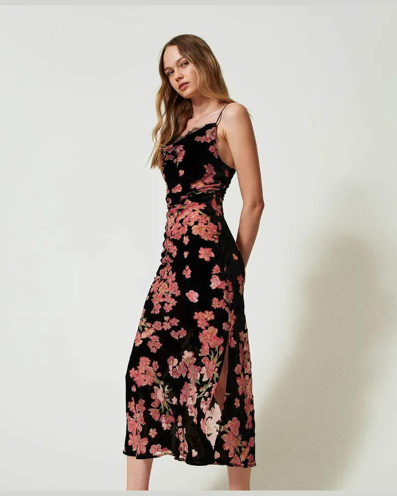 Twin-Set Unterwäsche - Unterkleid aus Dévoré-Samt mit Blumen, Multicolor geblümt, Größe: L 