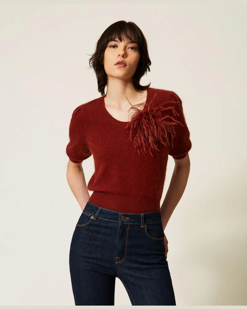 Twin-Set Pullover aus Angorawollmischung mit Schmuckbrosche, Damen, "Cherry Wood-Braun Cherry