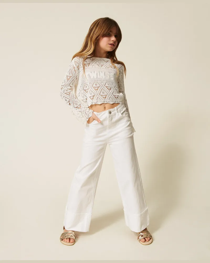 Twin-Set Hosen - Weite Hose aus Bull-Denim, Mattweiß, Baumwolle, Größe Mattweiß