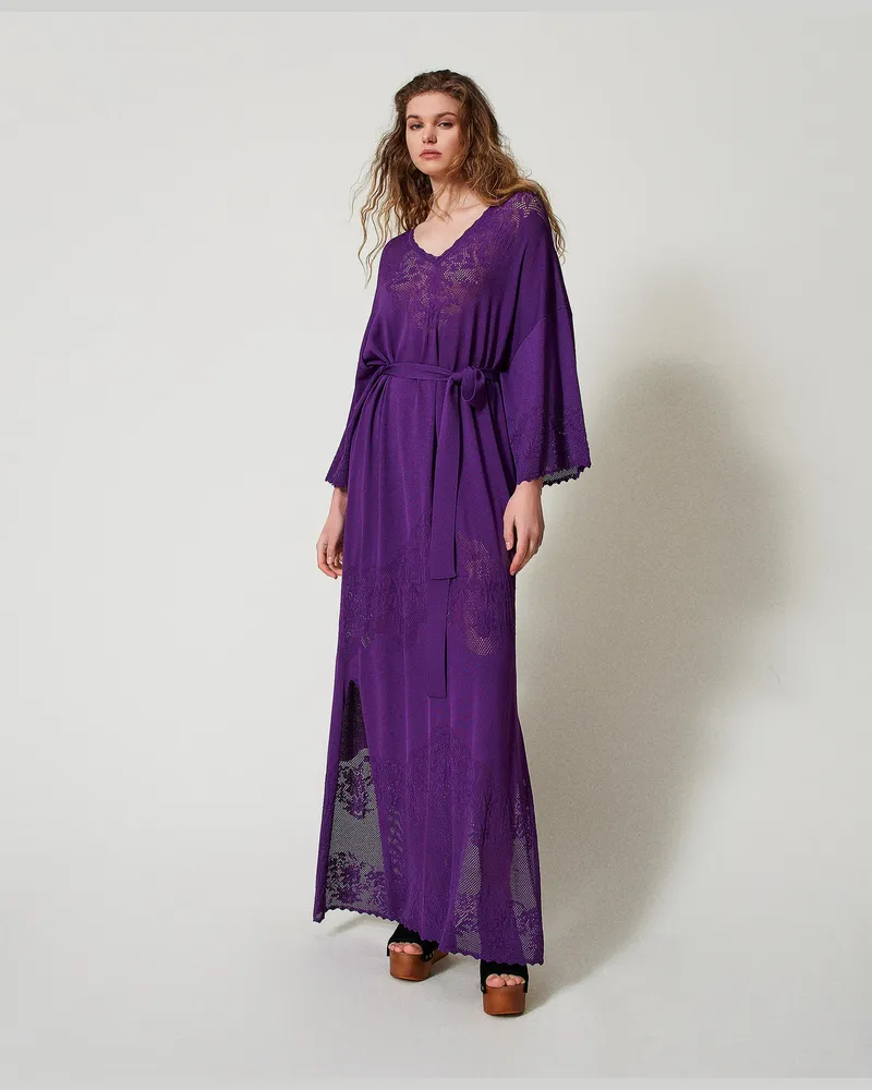 Twin-Set Kleider - Maxistrickkleid mit Durchbruchmustern, "Black Dahlia"-Violett, Größe Black