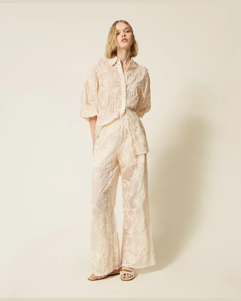 Twin-Set Bademode - Hose aus Musselin mit Cornely-Stickerei, Weiß Pergament, Baumwolle, Größe Weiß